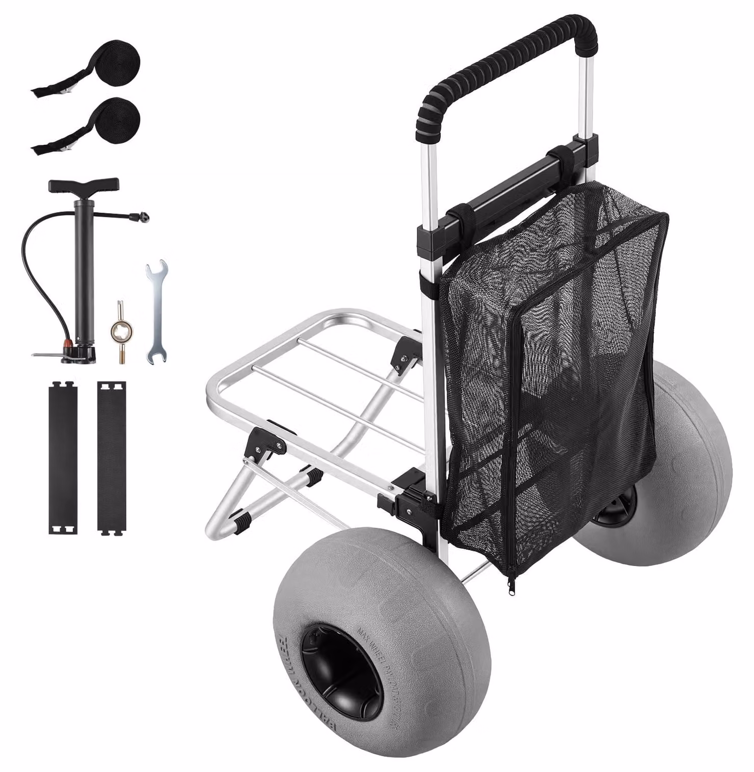 Carrello da spiaggia con pneumatici a bolla (12 pollici), carrello pieghevole in alluminio con manico in schiuma regolabile in 4 posizioni, ideale per il trasporto manuale (capacità di carico: 75 kg), perfetto per campeggio e pesca