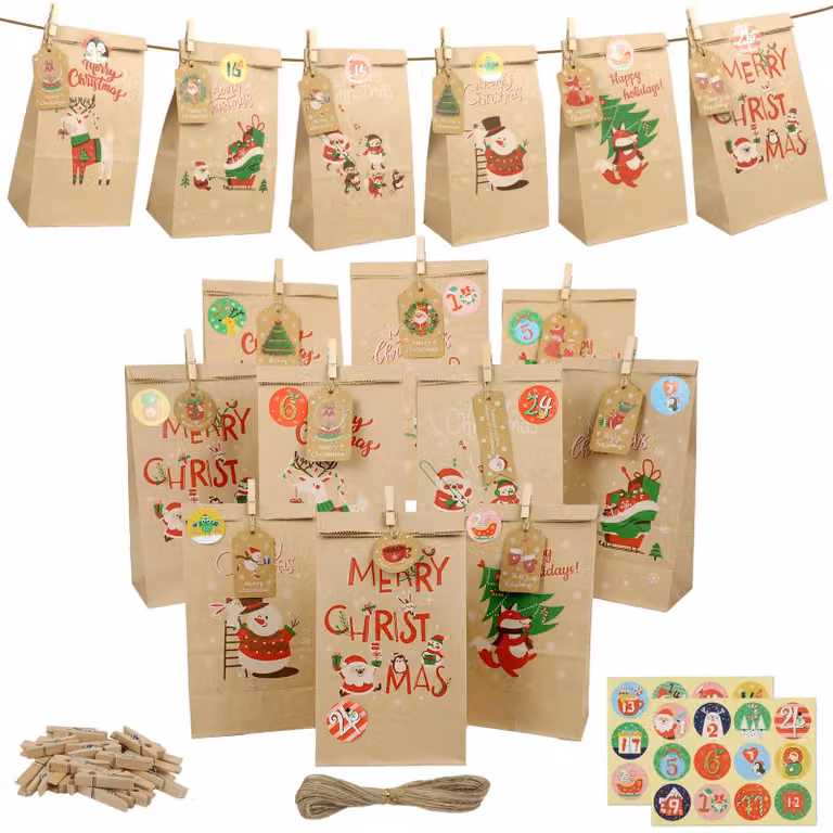 Calendario dell'Avvento da riempire, 24 sacchetti, carta kraft, 24x13x8 cm