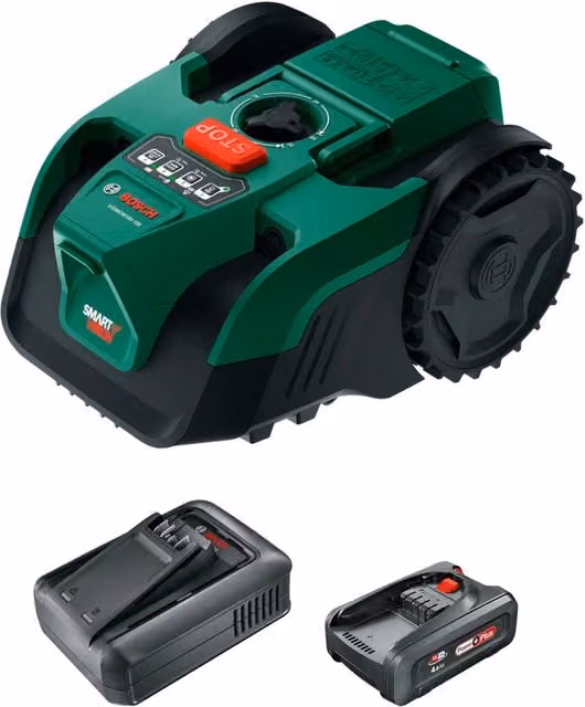 Robot rasaerba Bosch VisiMow 18V-100 verde con batteria ricaricabile 18V 4,0Ah e caricabatterie AL18V-44