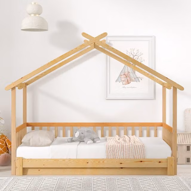 Letto a Casetta Montessori Espandibile Aosom in Legno Naturale con Ringhiera su Tre Lati L: 200 cm, P: 90 cm