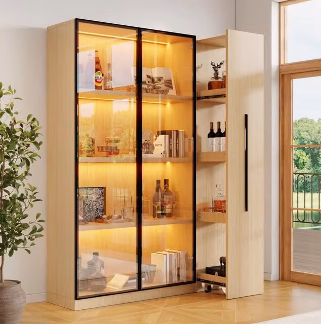 Vetrina ULEVR 110,5x35x160 cm con LED, anta in vetro e modulo laterale estraibile su ruote, effetto rovere