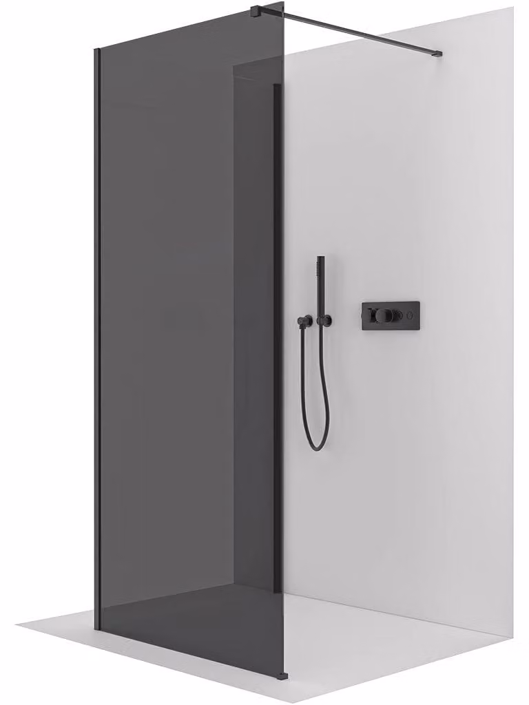 Pannello doccia angolare Walk-in Onyx, modello Cube, destro/sinistro - 8 mm - montante quadrato - nero opaco, vetro grigio antracite - 110x40x200 cm