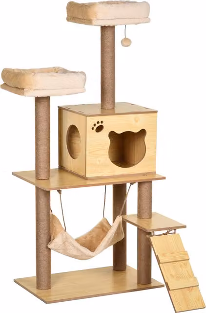 Albero Tiragraffi per Gatti PawHut con Casetta, Amaca e Giochi Integrati, Beige, L/P/H: 40 x 40 x 130 cm