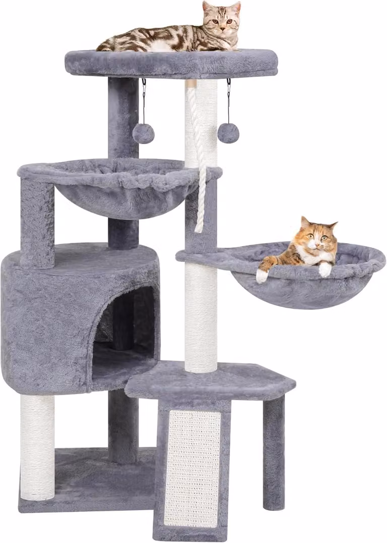 Albero per gatti con casetta, due amache, colore grigio, tiragraffi in sisal, per gatti