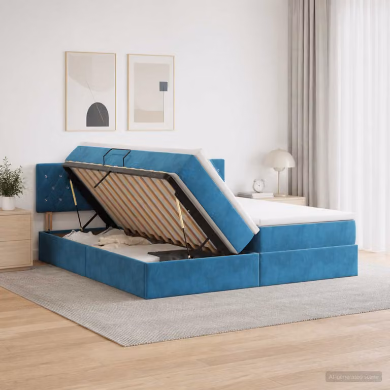 Letto con contenitore vidaXL in velluto blu con illuminazione LED e porta USB, L/P/H: 200 x 200 x 34 cm
