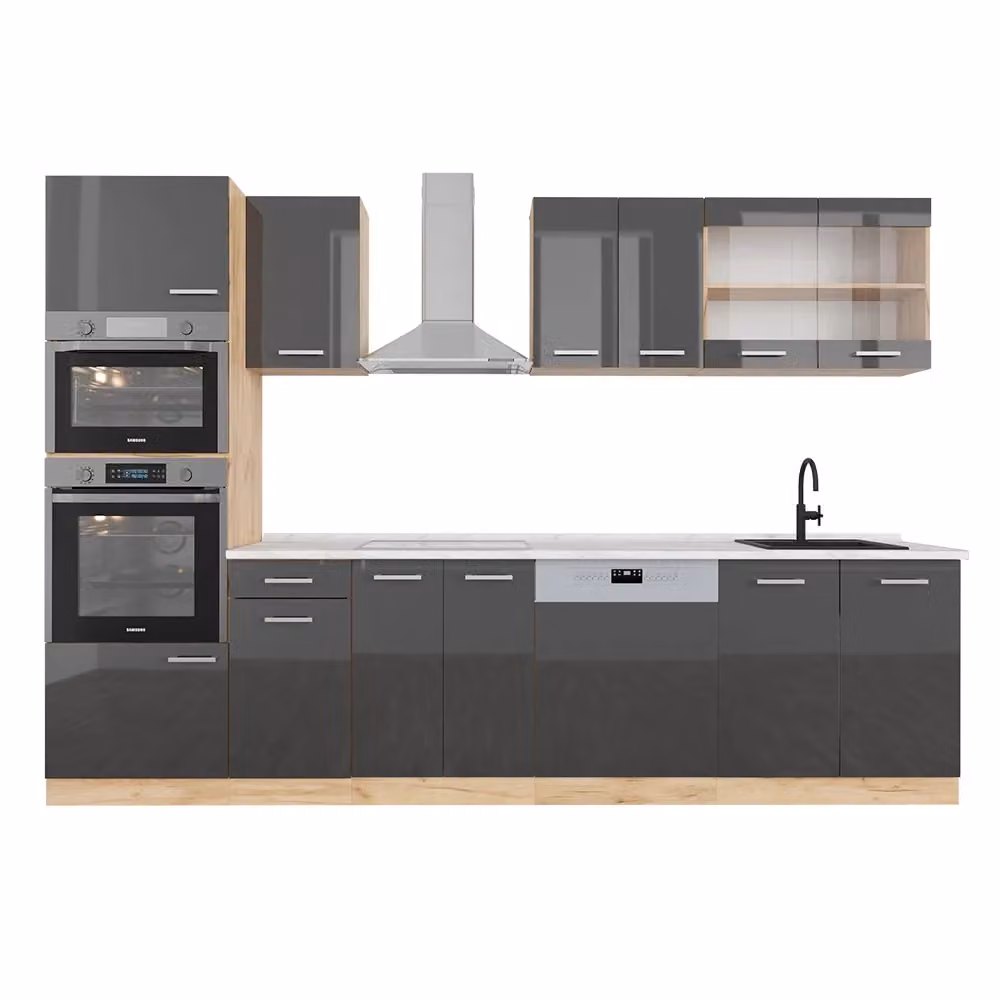 Cucina componibile moderna Vicco R-Line in antracite lucido e rovere con armadio alto e piano in marmo, L: 300 cm – 2