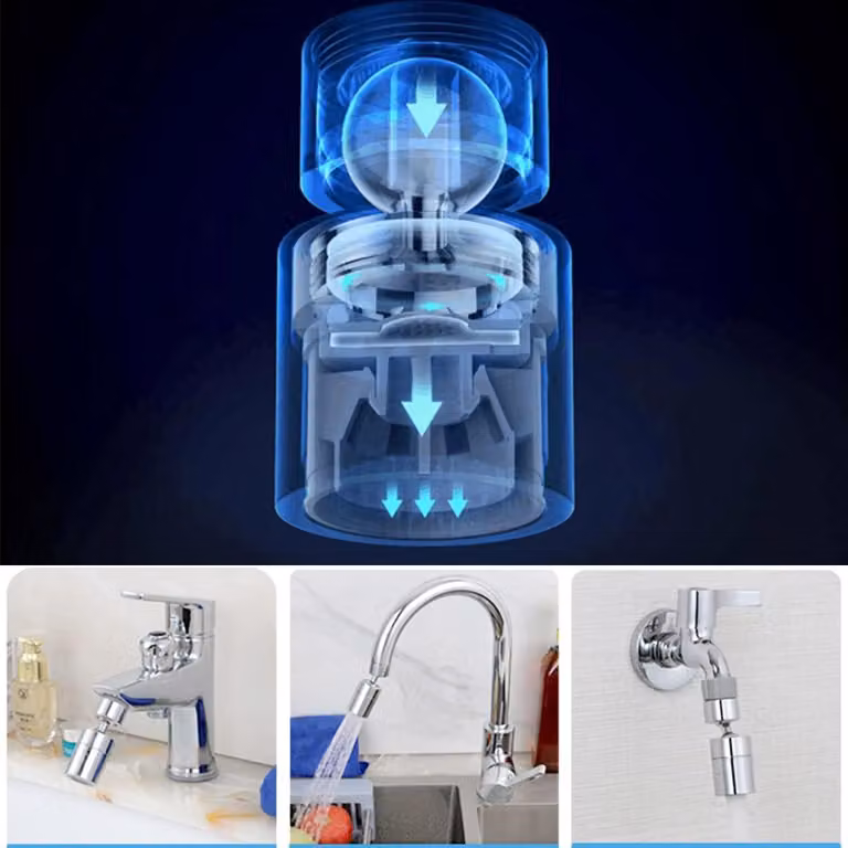 Miscelatore per lavabo, aeratore, spruzzatore a doppia funzione, attacco a 2 flussi, paraspruzzi, ugello orientabile a 360°, rubinetto con filtro per l'acqua in ottone cromato