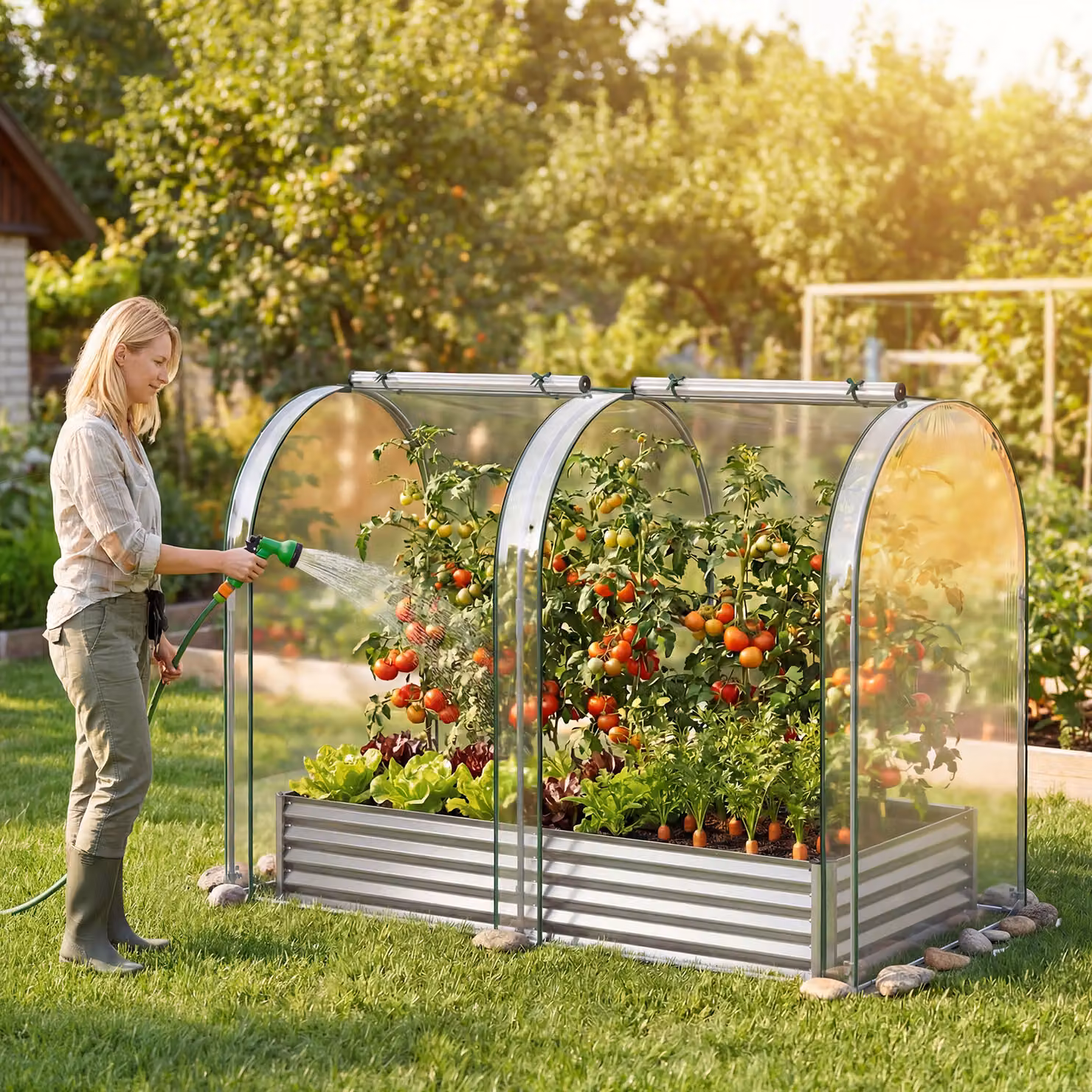 Fioriera da giardino rialzata Costway in metallo con serra e sistema di drenaggio, Argento