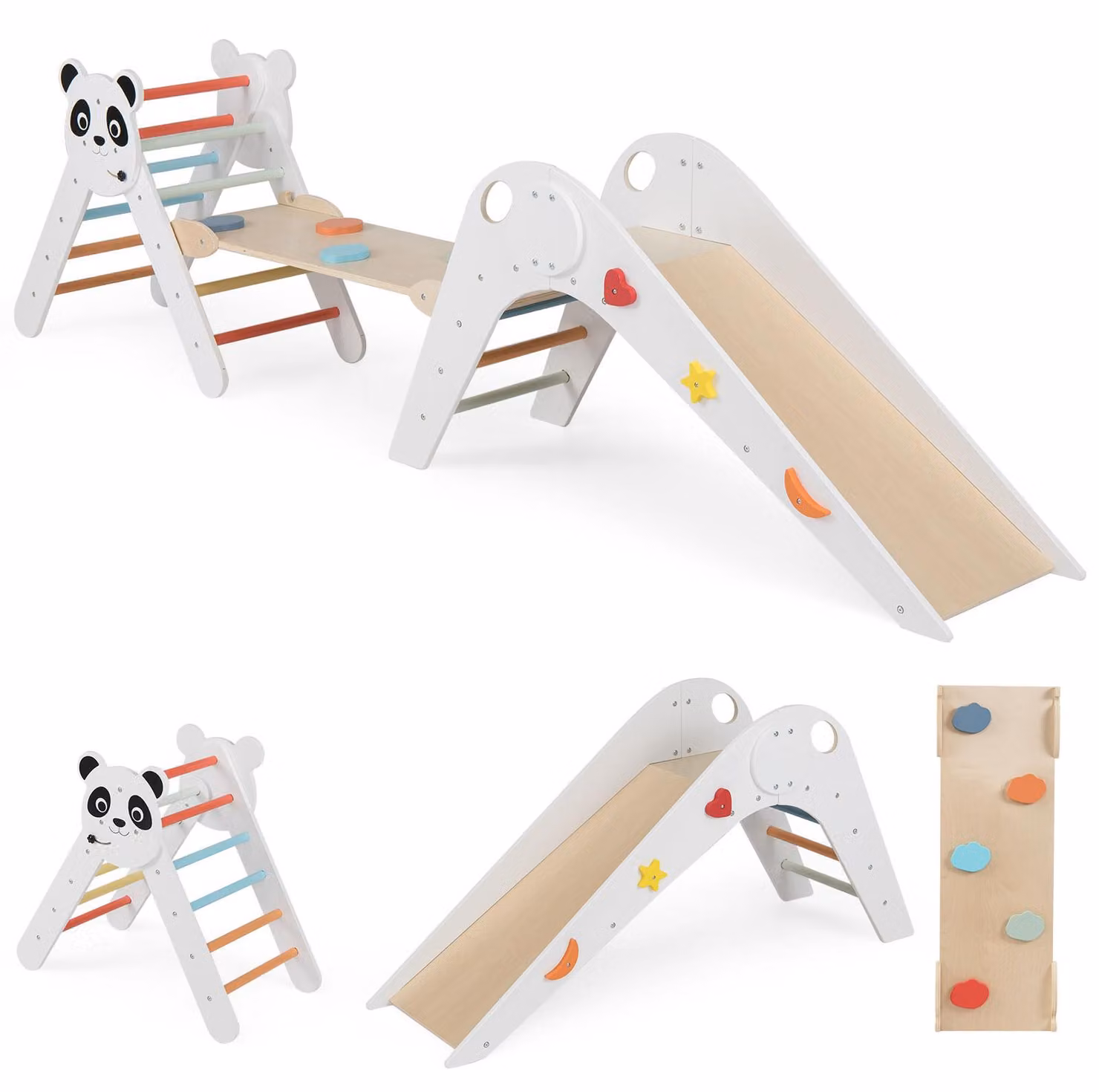Set triangolo da arrampicata COSTWAY, set da arrampicata Montessori pieghevole in legno con motivo panda, scivolo, rampa, scala da arrampicata e blocchi con personaggi dei cartoni animati, per bambini dai 3 anni in su