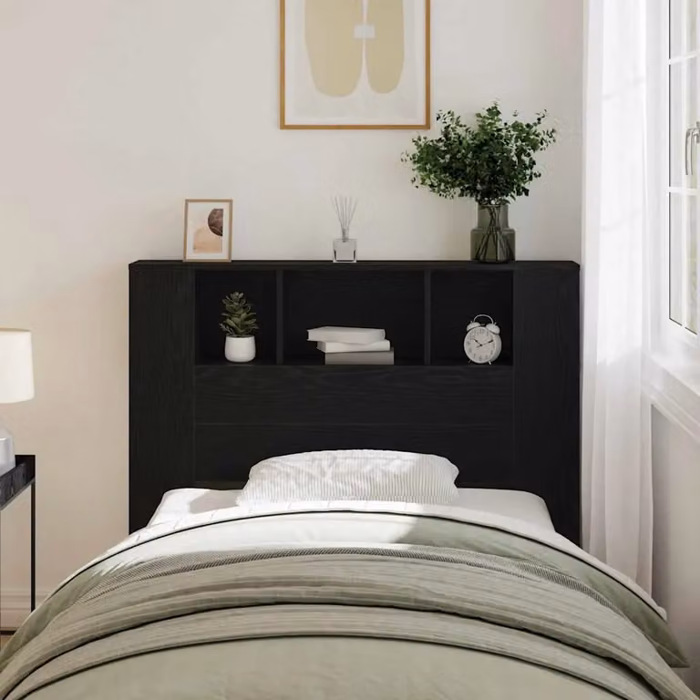 Testata del letto moderna vidaXL in legno ingegnerizzato color rovere nero con ripiani integrati L 120 x H 102,5 x P 19,4 cm