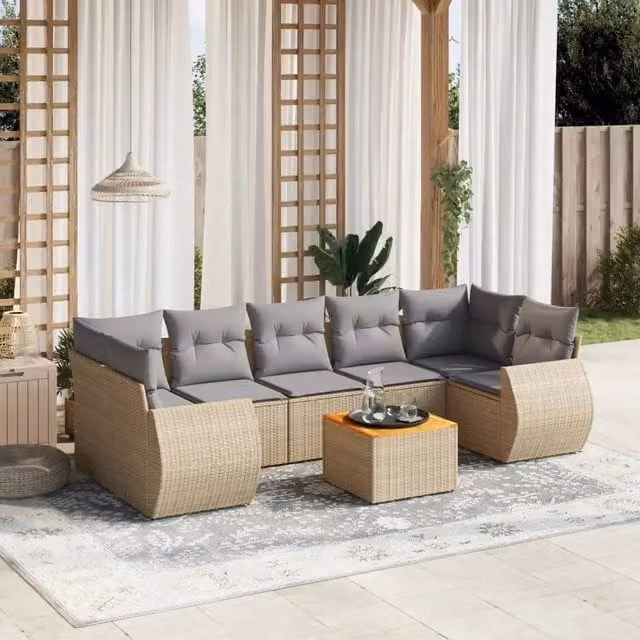vidaXL Set Divano da Giardino a L 8 pz in Polyrattan con Cuscini Beige e Grigio