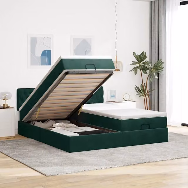 Letto con contenitore a sollevamento vidaXL in velluto verde e bianco con illuminazione sottostante e porta USB L/P/H: 200 x 200 x 280 cm