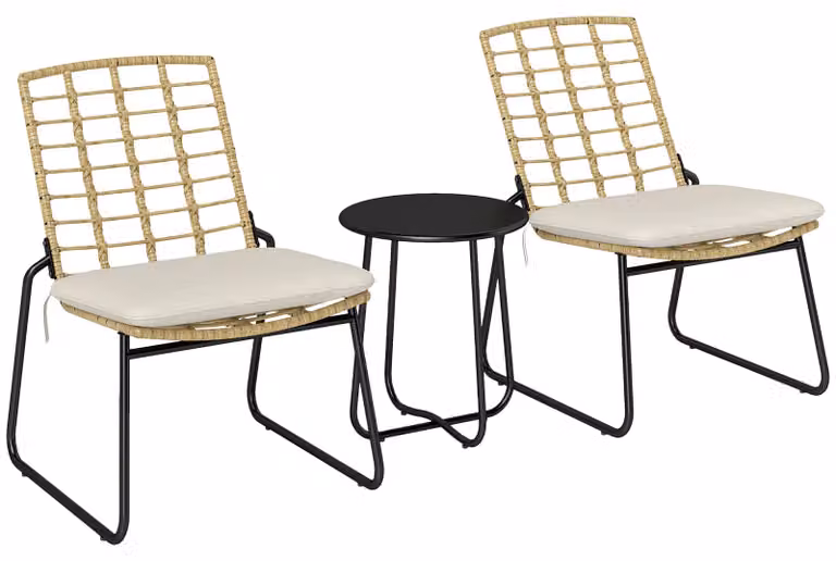 Set da giardino composto da 3 pezzi, 2 sedie in rattan, 1 tavolo con piano in metallo, cuscini per sedie, set da bistrot, beige e marrone