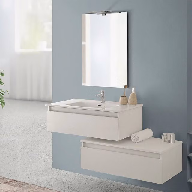 Mobile bagno sospeso 90 cm rovere bianco con base lavabo e cassetto Nadia