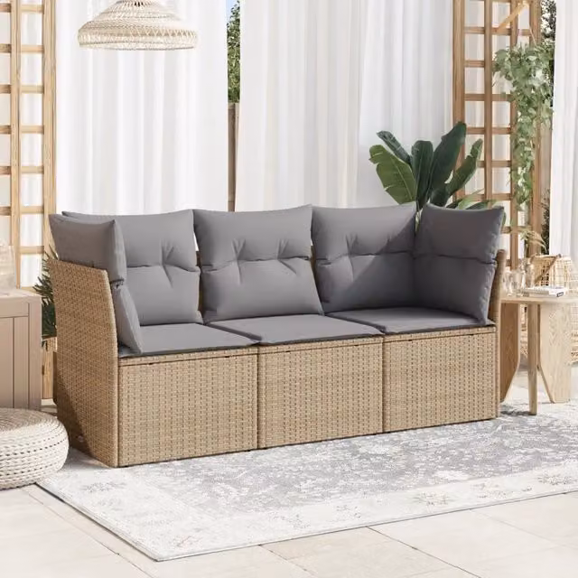 Set Divano da Giardino a L VIDAXL in Polyrattan con Cuscini Beige e Grigio, 3 Pezzi