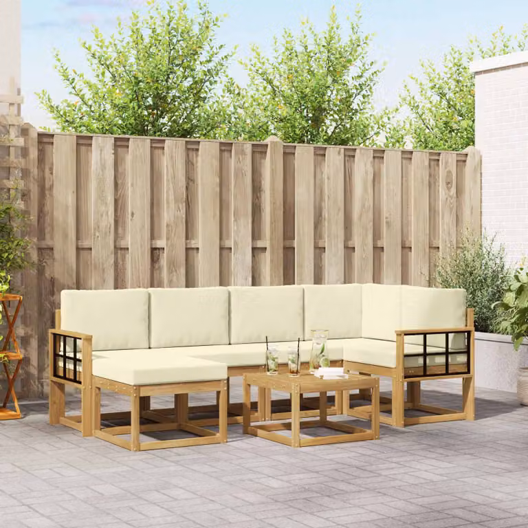 vidaXL Set di divani da esterno a L composto da 7 pezzi in legno di acacia con cuscini Bianco e Beige