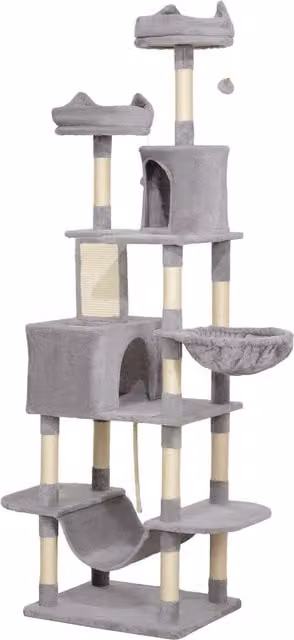 Tiragraffi per gatti PawHut con casette, amache e giochi in sisal, Grigio chiaro, Altezza: 206 cm