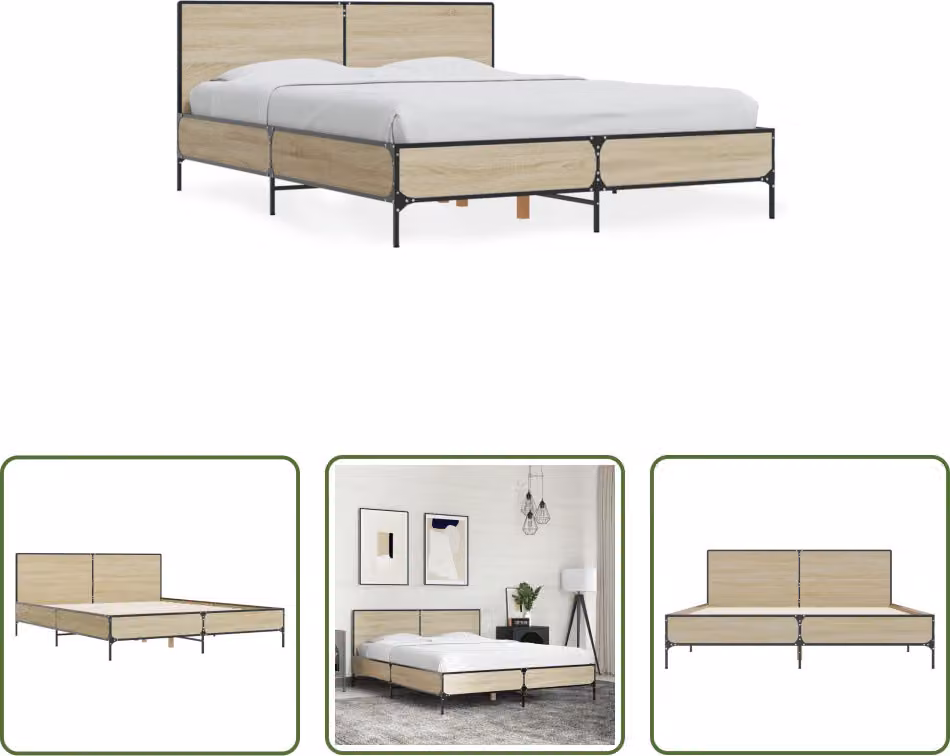 The Living Store Struttura per letto in rovere Sonoma 135x190 cm Materiale a base di legno e metallo