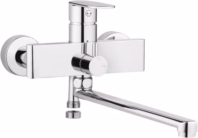 Wall-mounted washbasin and bath mixer with extended spout - hose connection