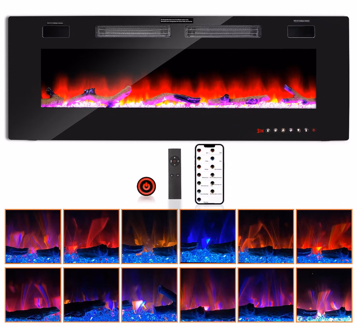 Ikodm, caminetto elettrico da 750/1500 W con 12 colori di fiamma e 5 livelli di luminosità