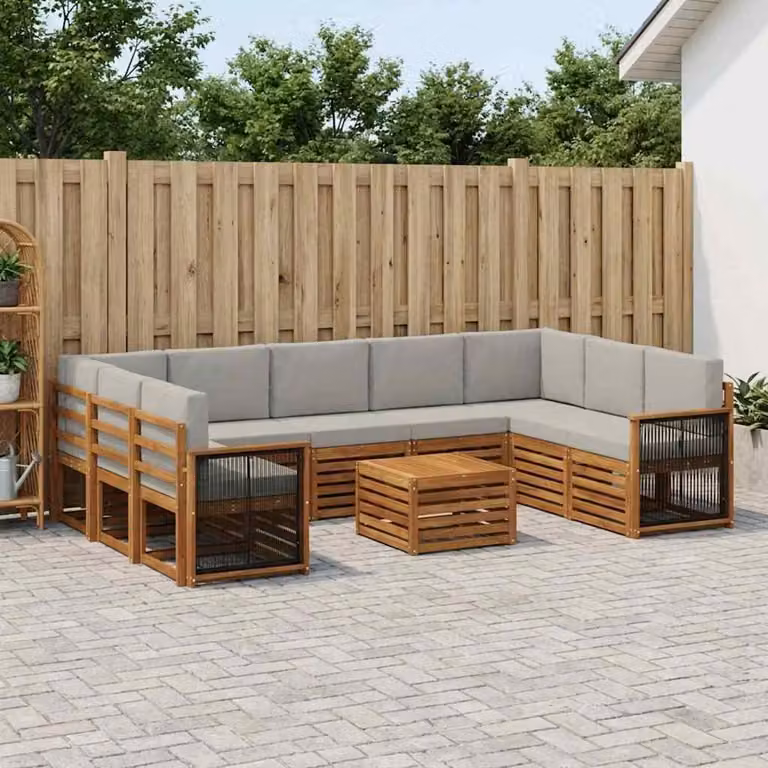 Set di divani da esterno vidaXL in legno di acacia con cuscini, composizione a L con tavolino, beige e grigio