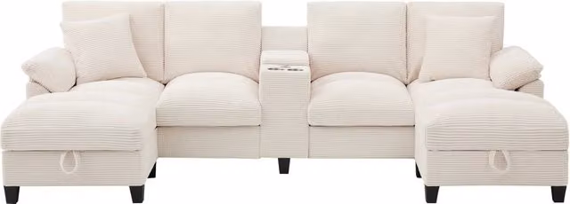 Divano modulare a 4 posti a forma di U in tessuto di velluto a coste, con vani contenitori, portabicchieri in acciaio inox e doppia porta USB, 293x142x93 cm