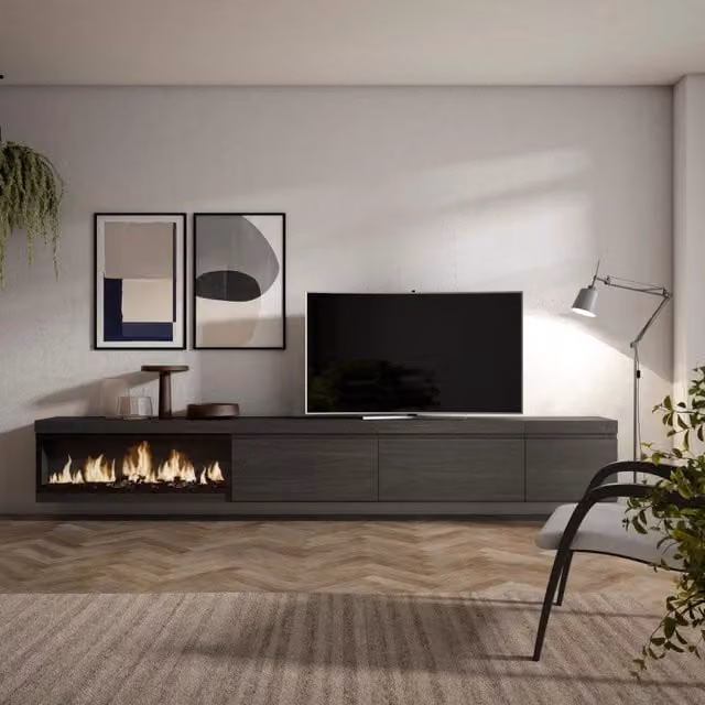 Mobile TV Soggiorno, 317x35x45cm, Camino elettrico XXL, da appendere, Nero RF3671