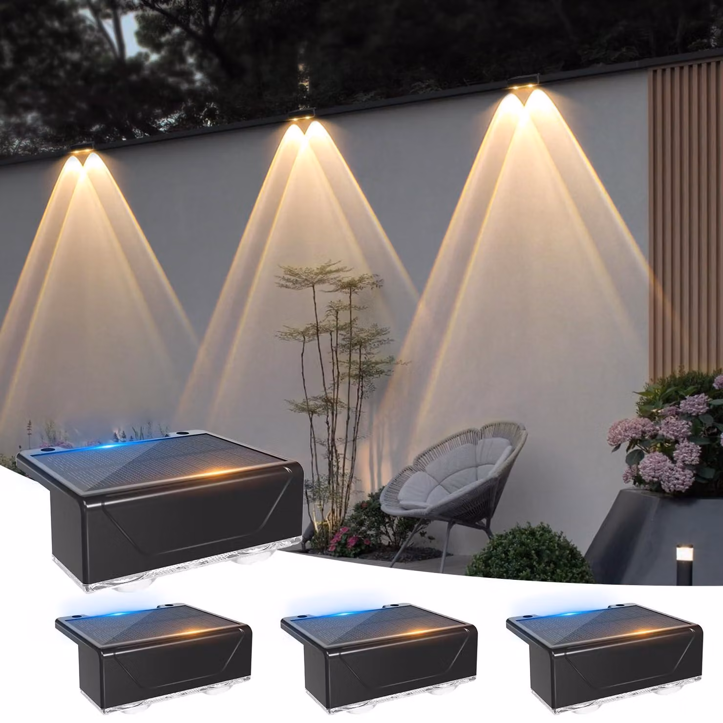 Lampada solare da esterno, set da 4 pezzi, grado di protezione IP65, 3 colori di luce, tecnologia LED
