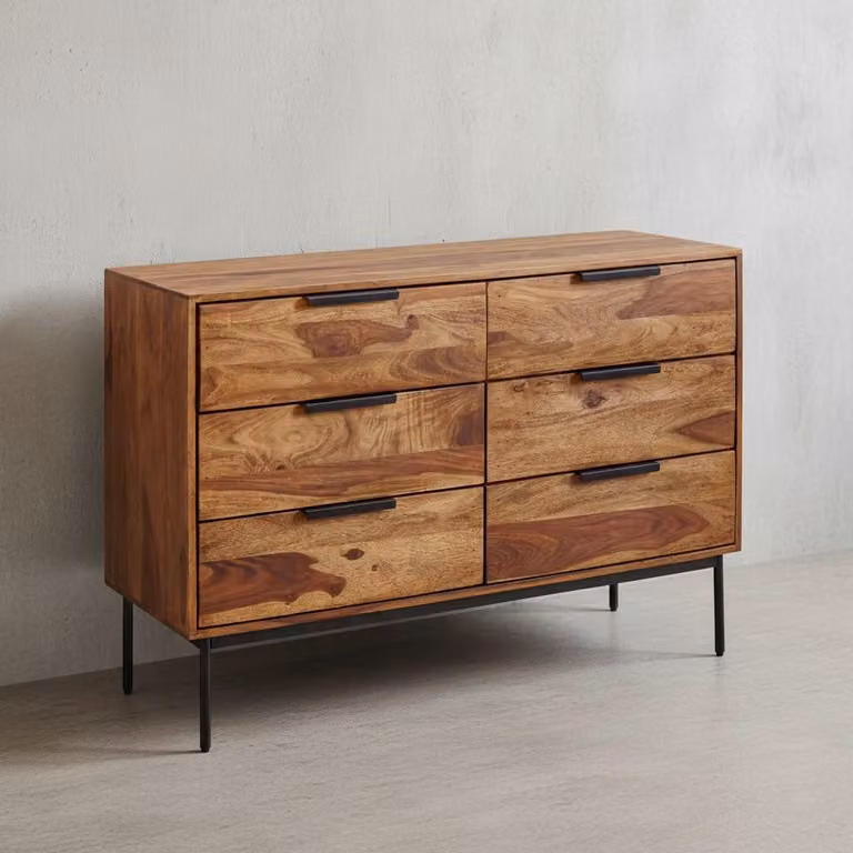 Comò in legno di sheesham e metallo, 6 cassetti, design industriale. 117x42x80 cm | Kadima Design