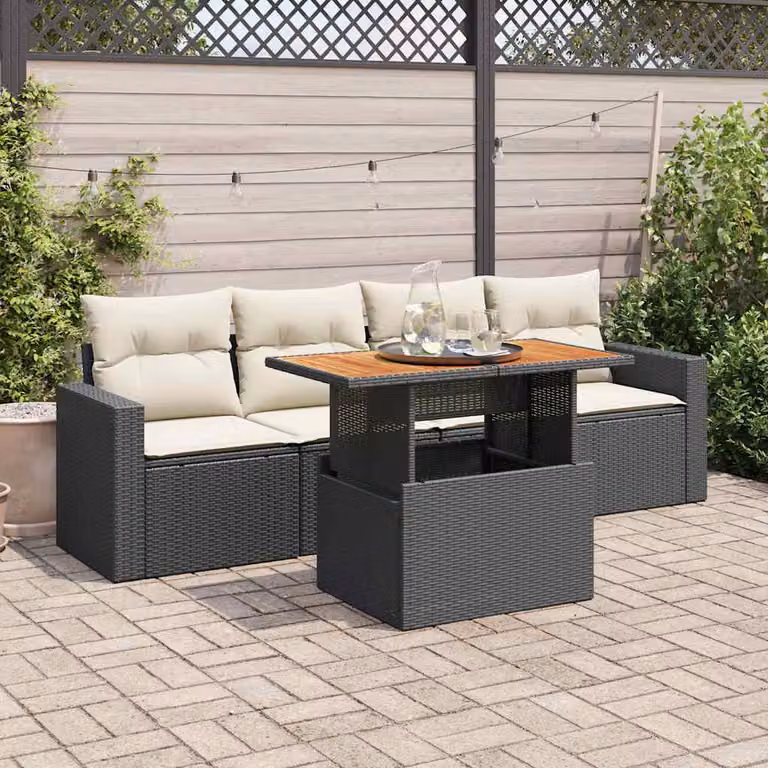 Set da giardino vidaXL composto da 5 pezzi in polyrattan nero con cuscini e tavolino da caffè