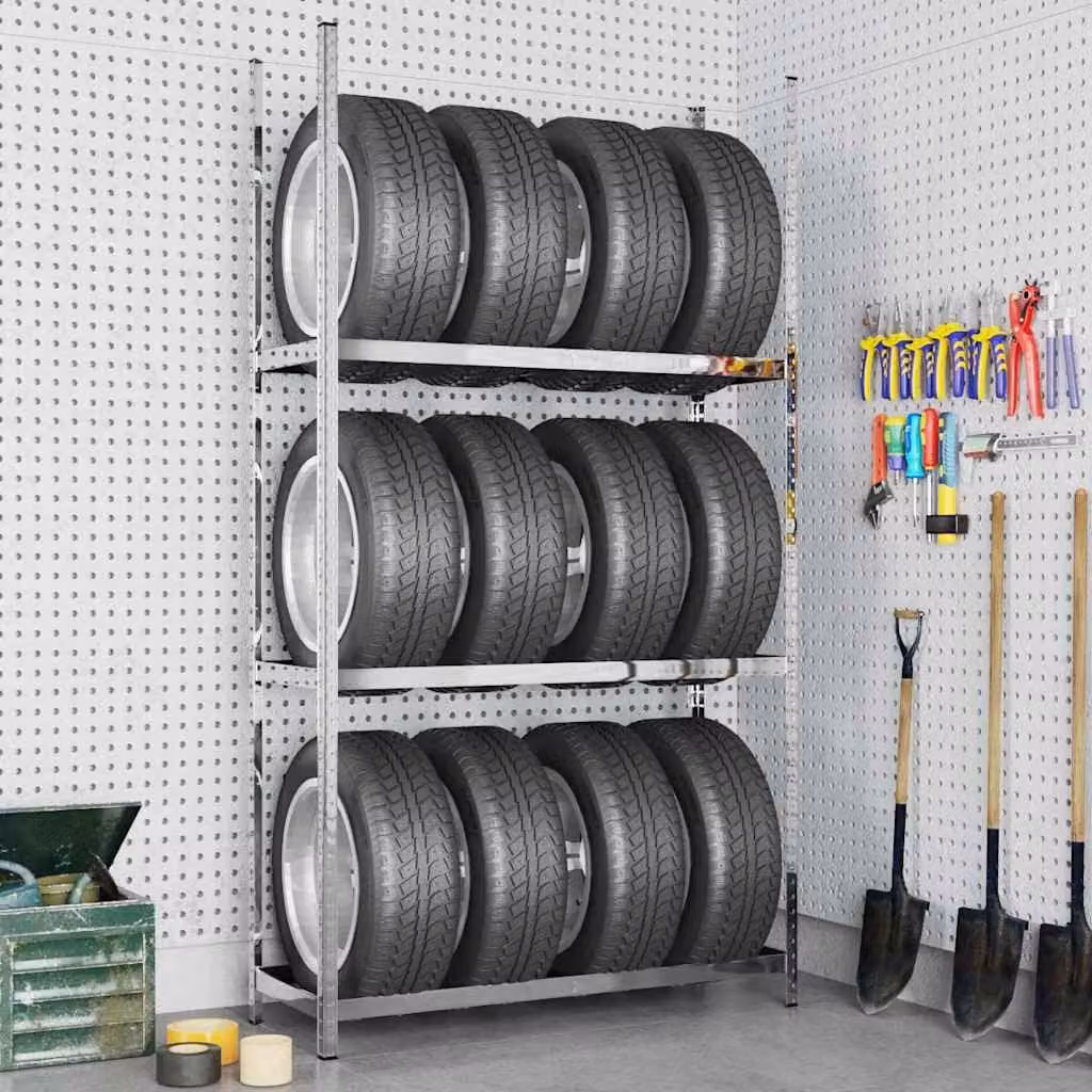 vidaXL Portapneumatici a 3 Livelli Argento in Acciaio L: 110 cm, P: 40 cm, H: 200 cm