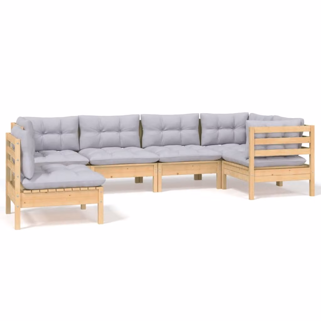 Set Divani da Giardino 6 pz con Cuscini Grigi Massello di Pino