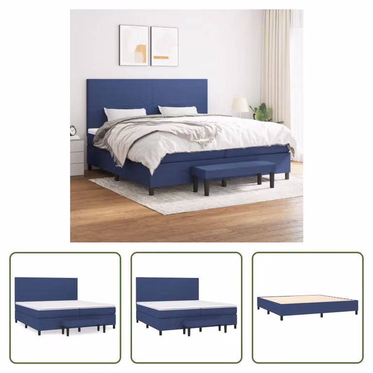 The Living Store Letto a molle con materasso blu 200x200 cm in tessuto