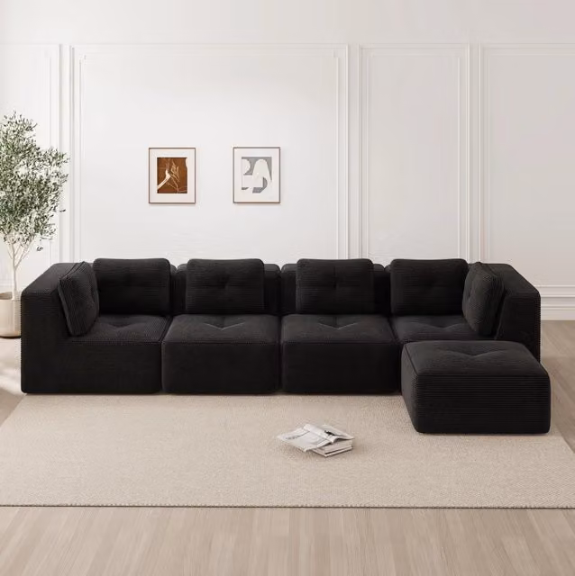 Divano angolare modulare in velluto a coste con seduta profonda 74 cm; nero