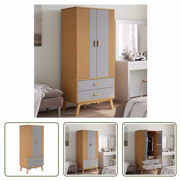 The Living Store Armadio OLDEN Grigio Marrone 76,5x53x172cm in legno di pino massiccio