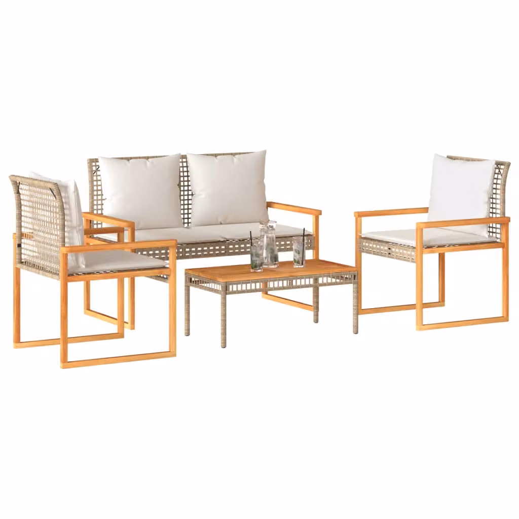 Set Salotto da Giardino vidaXL 4 Pezzi con Divano a 2 Posti, Tavolino da Caffè e Cuscini Imbottiti Beige e Marrone in Polyrattan e Legno di Acacia