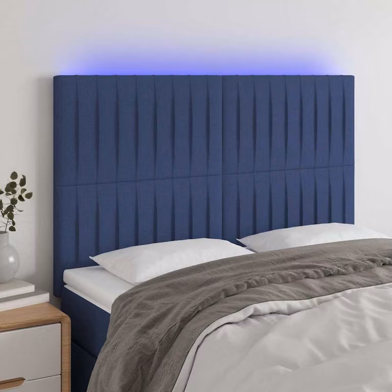Testiera per letto vidaXL in tessuto blu con illuminazione LED integrata e porta di ricarica USB, L: 144 cm, P: 5 cm, H: 118-128 cm