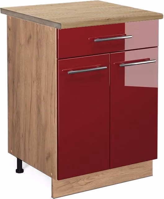 Mobiletto base per cucina Fame-Line Bordeaux lucido/Rovere dorato 60 cm con cassetto, PL Rovere Vicco