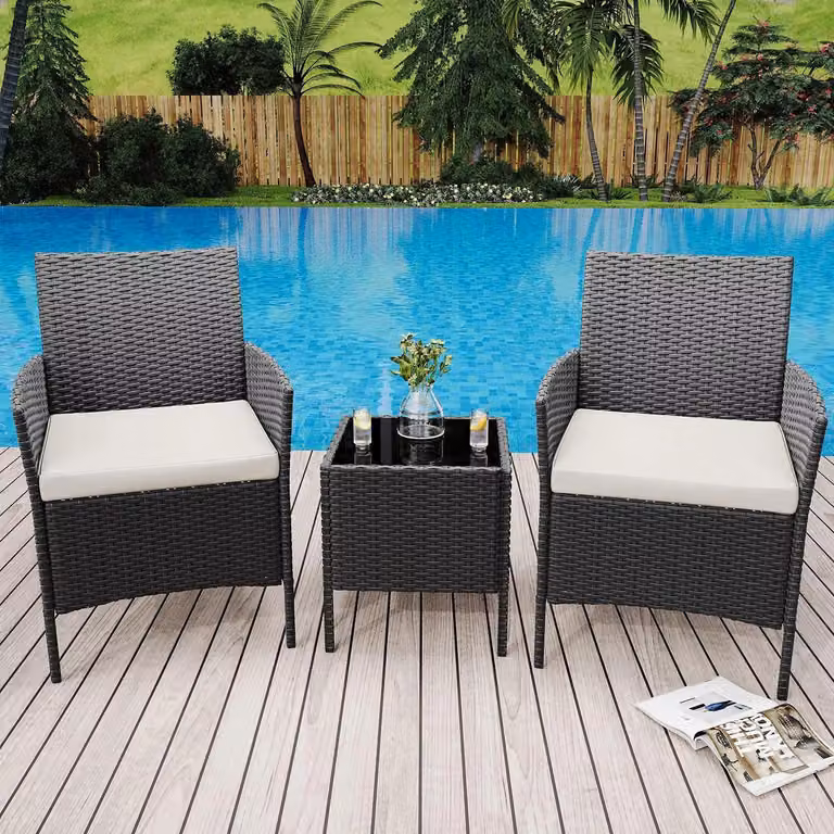 Set da bistrot per giardino - Set di mobili da balcone composto da 3 pezzi - Sedie in rattan di PE con cuscini - Tavolo in vetro - Ideale per terrazza, giardino e balcone - Colore: nero e beige