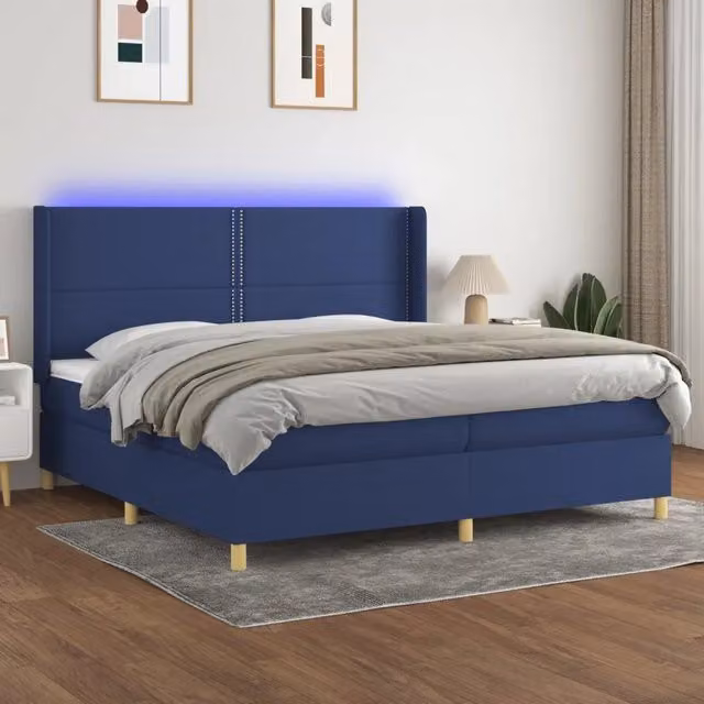 Letto Ibrido vidaXL con Materasso a Molle Individuali, Illuminazione LED Blu e Porta USB, Tessuto Bianco e Blu, L/P/H: 200 x 200 x 203 cm – 1