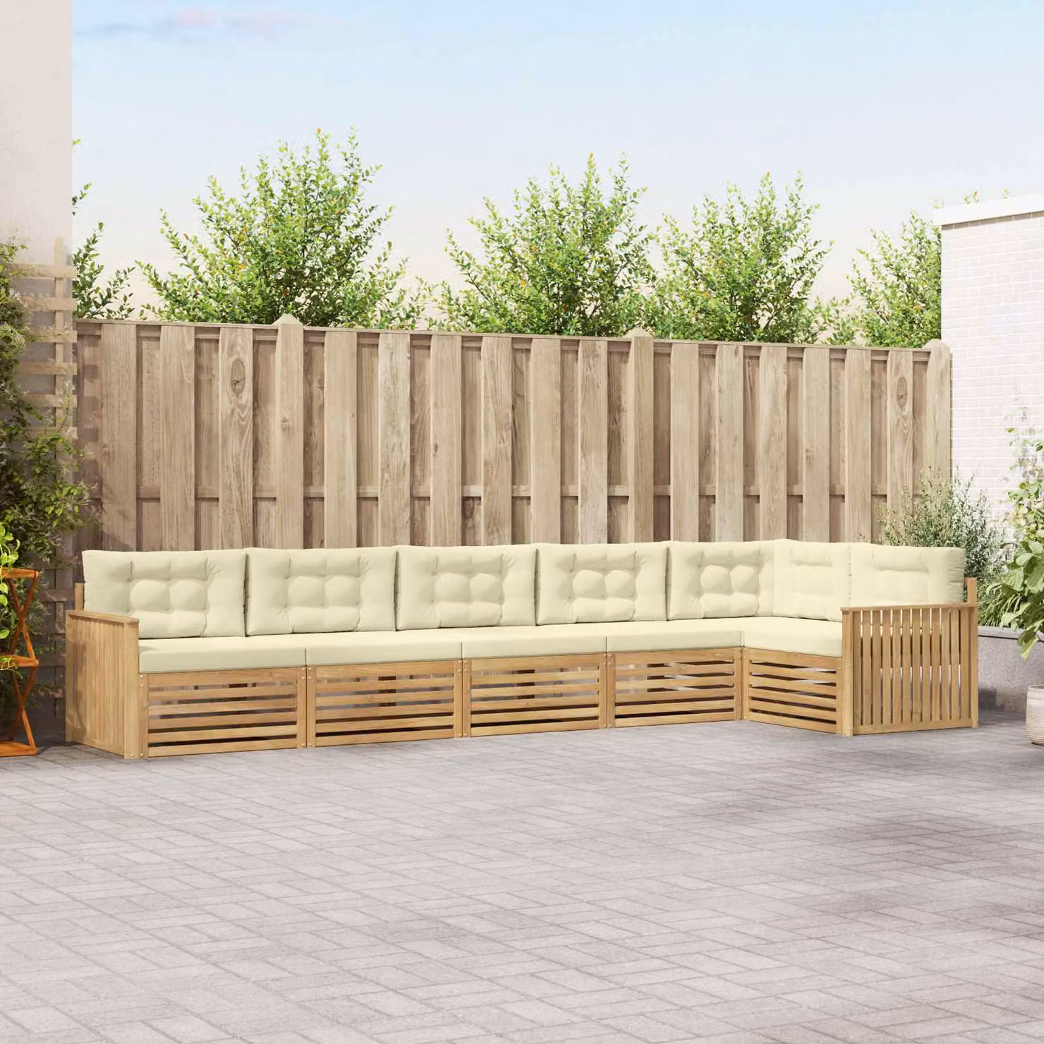 Set di divani da esterno vidaXL 6 pz in legno di acacia con cuscini bianchi e beige