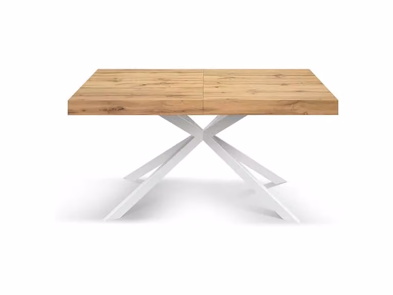 Tavolo CAMAIORE in legno, finitura rovere rustico e base a X in metallo bianco, allungabile 140×90 cm – 220×90 cm