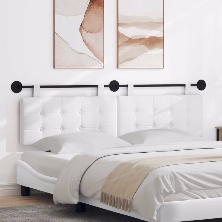 Testiera per letto sospesa vidaXL in tessuto bianco con pannello imbottito e struttura in legno e metallo