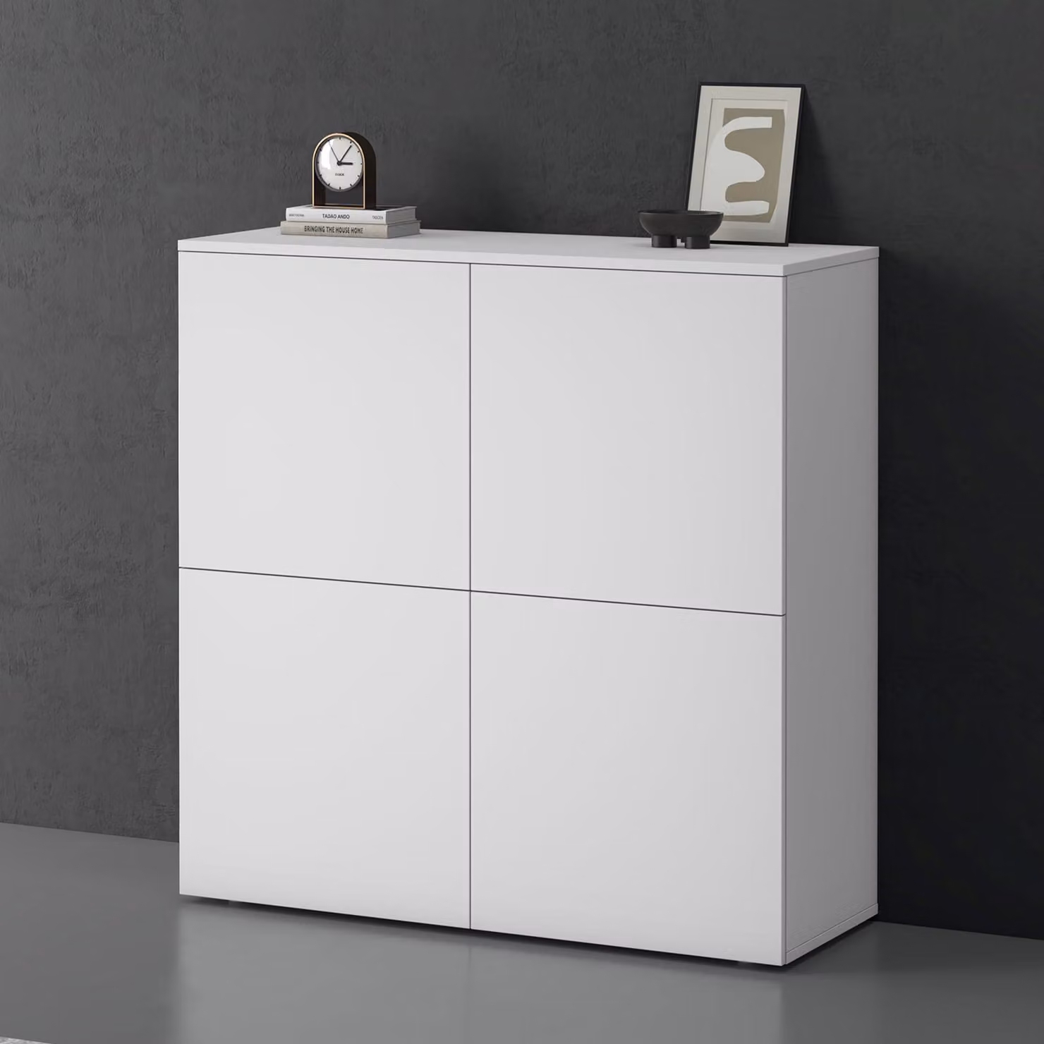 doporro Mobile Organizzatore Credenza Buffet in Legno con 4 Ante Push-to-Open e Soft-Close per Soggiorno, Sala da Pranzo o Ingresso, 100x36,4x100 cm Bianco opaco Schrank04