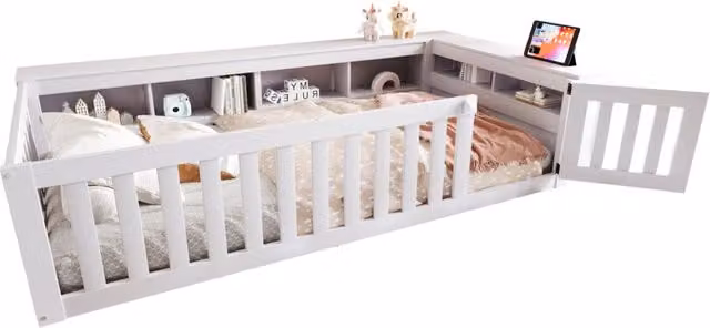 Letto singolo per bambini 90x200 bianco in legno e MDF con contenitore e barriera， senza materasso