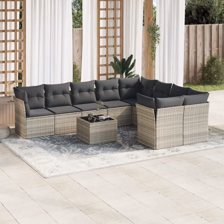 vidaXL Set Divano da Giardino 10 Pezzi con Cuscini Grigio con Tavolino e Struttura in Metallo e Polyrattan