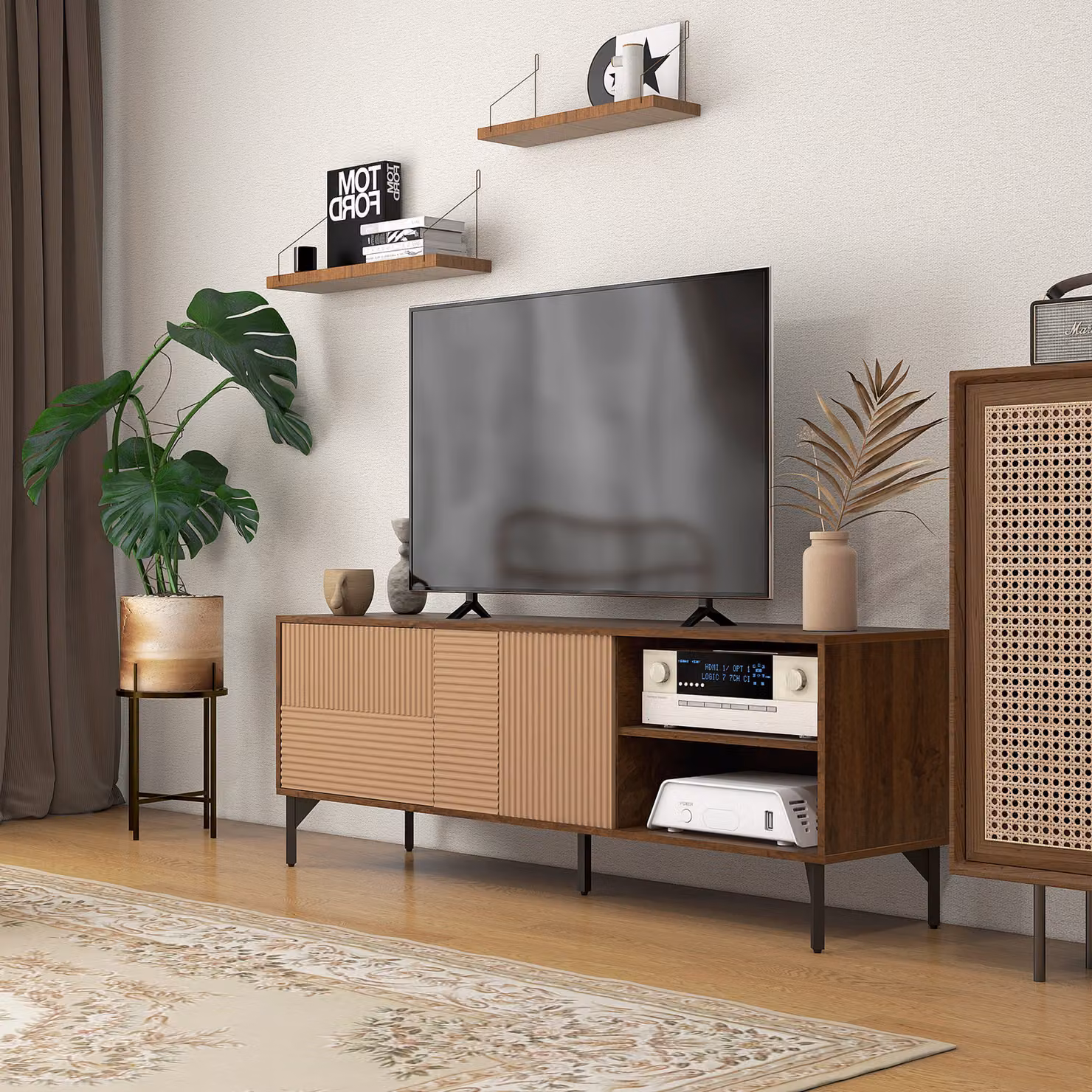 Mobile Porta TV HOMCOM in Legno e Metallo Marrone con 2 Armadietti e 2 Vani Aperti, L 150 x P 40 x H 56 cm – 2