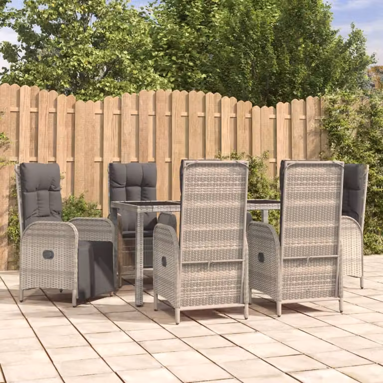 Set da pranzo da giardino vidaXL in polyrattan e legno di acacia grigio con 7 pezzi e cuscini