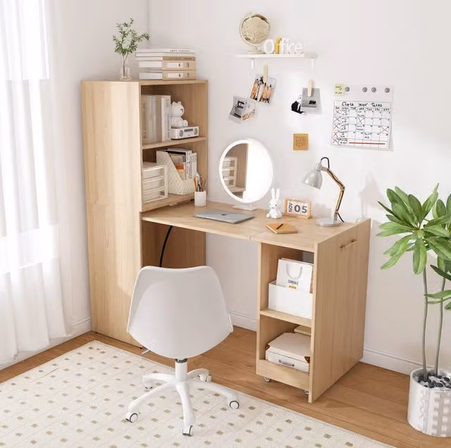 Scrivania Estraibile con Mobiletto Contenitore, Piani Regolabili e Ruote, Rovere Chiaro Naturale, Ideale per Camera da Letto e Studio