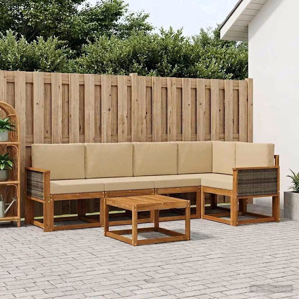 Set di divani da esterno vidaXL in legno di acacia con cuscini, colore beige e sabbia, composto da 6 pezzi con divano a 3 posti, elementi angolari e tavolino da caffè